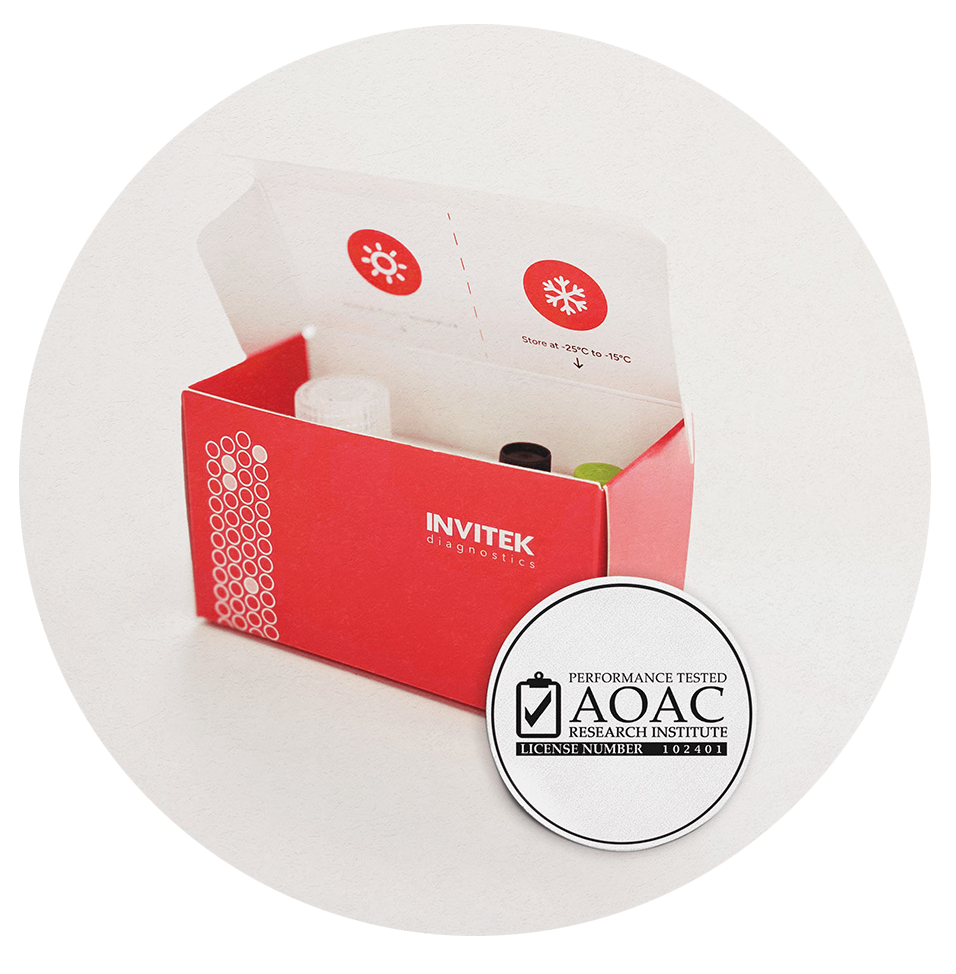 Read Box contaning  Real Time PCR Reagents for Salmonella Detection with a AOAC Certificate of Methods Seal on the bottom of the box