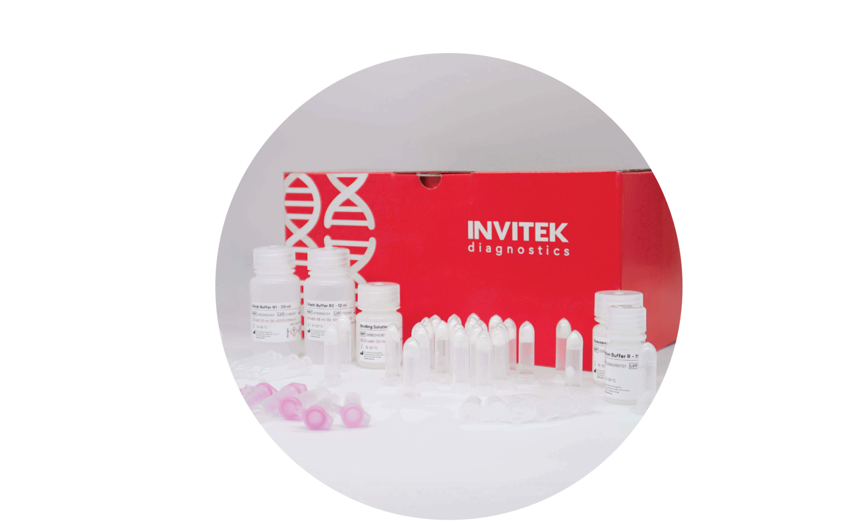Red Invitek Diagnostics RTP® Pathogen Kit box behind reagent bottles with extraction tubes, purple spin filters, and tubes laying scattered in front.